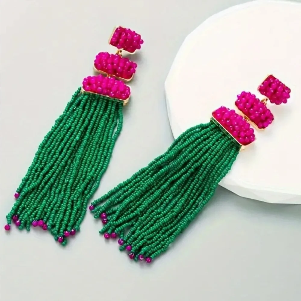 Green Beaded Tassel Dangle Earrings - Picture 2 of 4